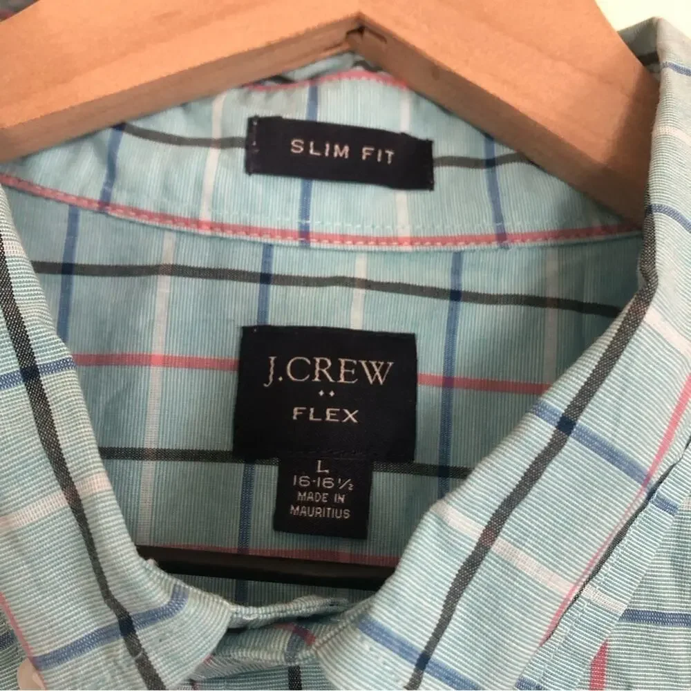 J. Crew Men's Slim Fit Flex Stretch Blue Plaid Button Down Shirt Large